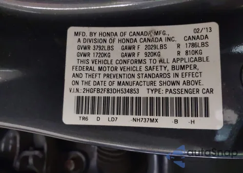 2013 Honda Civic Ex из США, поврежденный, VIN 2HGFB2F83DH534853